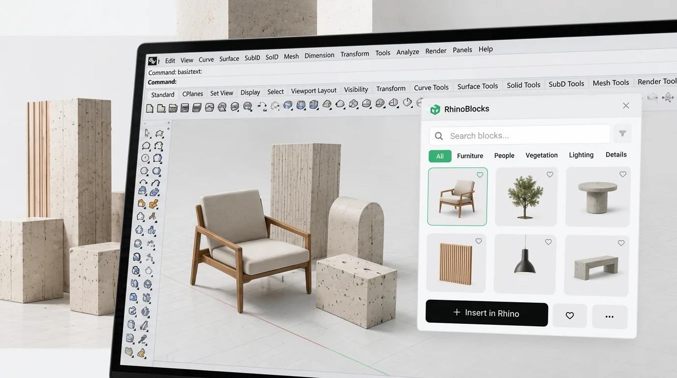 RhinoBlocks Plugin for Rhinoceros 3D on Computer Display